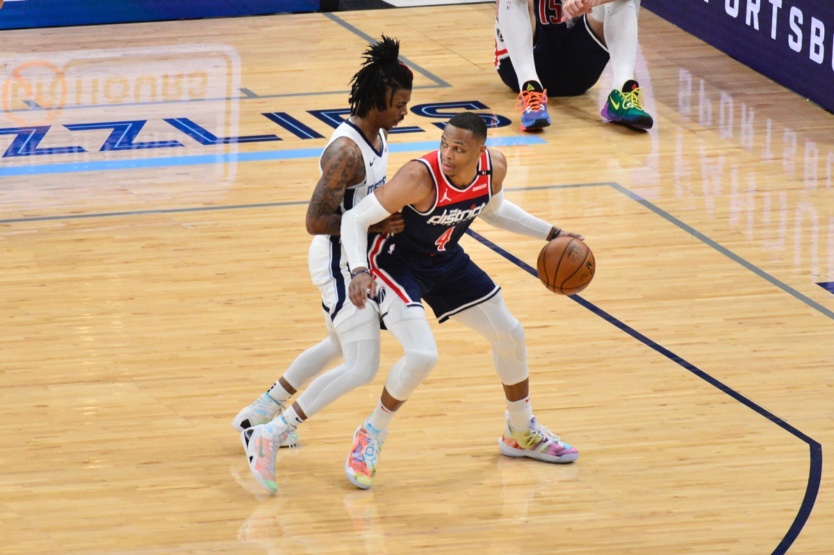 <strong>Ja Morant guards Washington&rsquo;s Russell Westbrook (4) on March 10 at FedExForum.</strong> (Brandon Dill/AP)