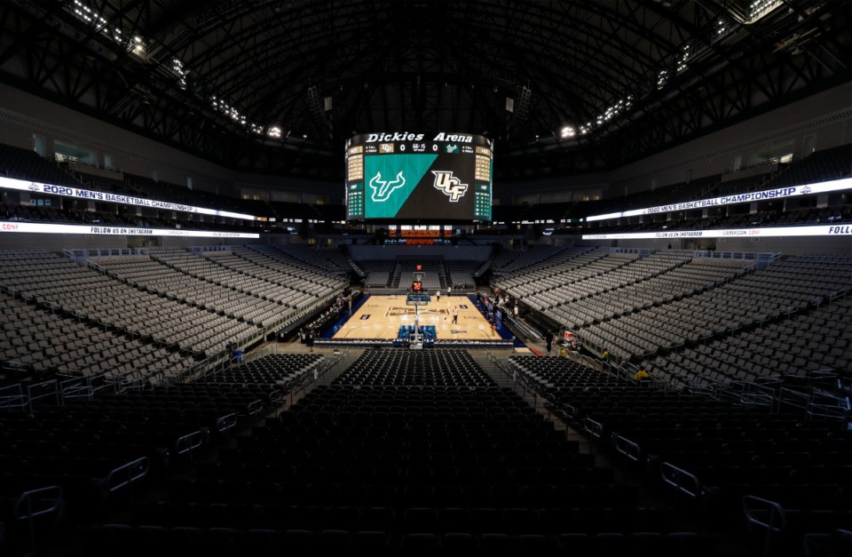 <strong>THe Dickies Arena stands empty moments after American Athletic Conference officials announced the cancellation of the men&rsquo;s conference basketball tournament on Thursday, March 12, 2020 in Fort Worth.</strong> (Mark Weber/Daily Memphian file)