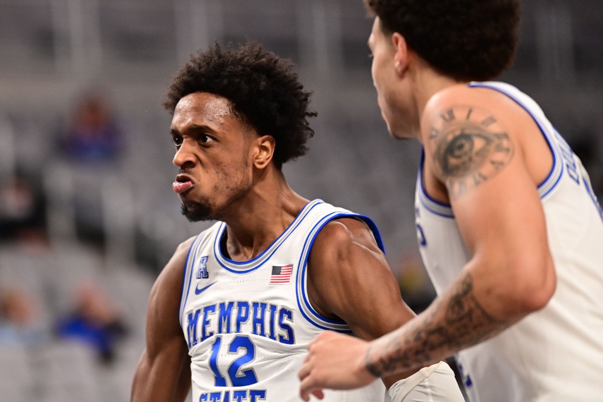 <strong>Deandre Williams (12) reacts to a play as the University of Memphis plays the University of Central Florida on March 12, 2021.</strong> (Courtesy American Athletic Conference/Ben Solomon)