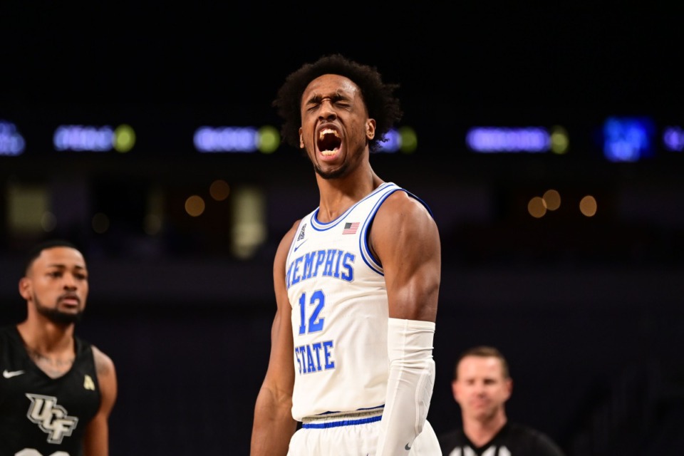 <strong>U of M&rsquo;s Deandre Williams (12) expresses his frustration as the Tigers battle the University of Central Florida on March 12, 2021.</strong> (Courtesy American Athletic Conference/Ben Solomon)