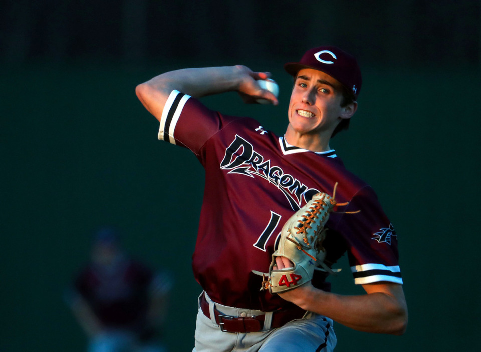 <strong>Collierville pitcher Grayson Saunier (10) throws a pitch during a March 15, 2021 game against Briarcrest.</strong> (Patrick Lantrip/Daily Memphian)