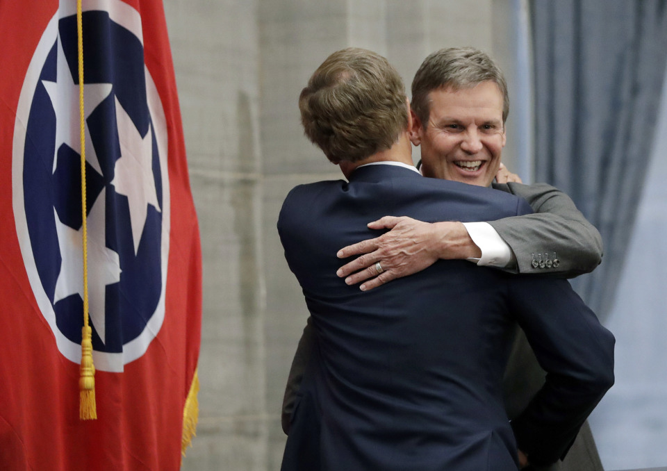 <strong>Bill Lee (right), embracing Gov. Bill Haslam during a press conference after winning the 2018 Tennessee&nbsp;<span>gubernatorial race</span>, will be inaugurated at the Legislative Plaza in Nashville on Saturday, Jan. 19, 2019.</strong> (AP file photo)
