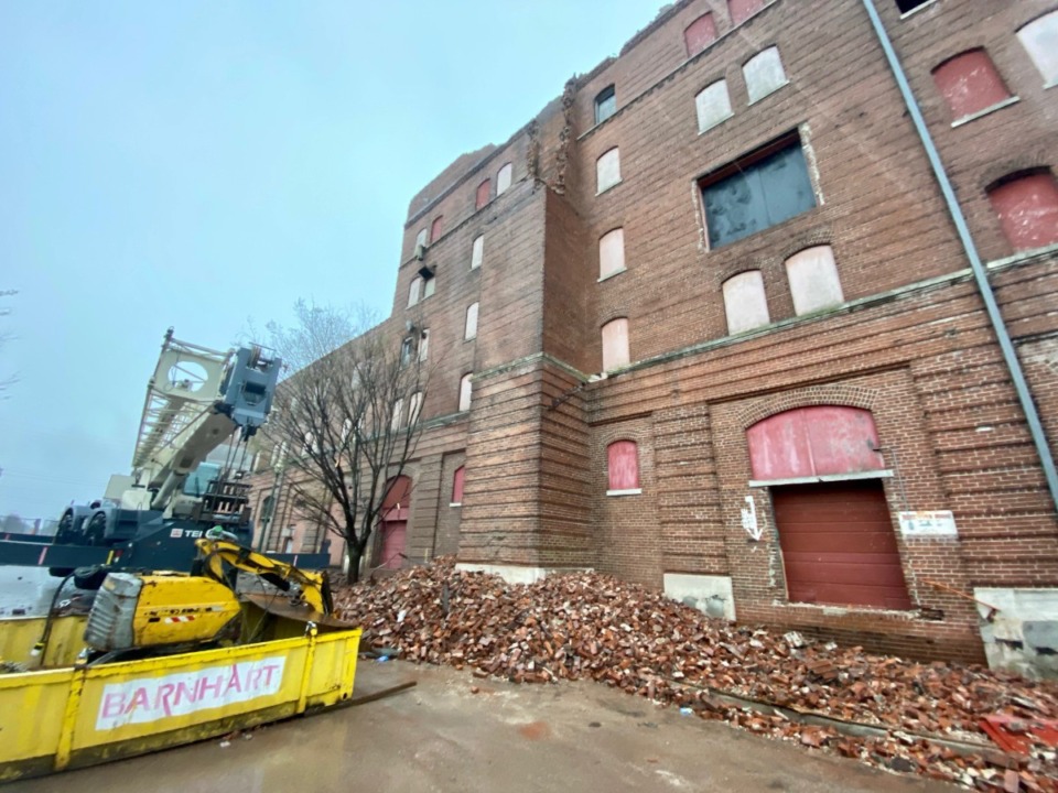 <strong>The top of the Nylon Net Building&rsquo;s smokestack is now a brick rubble at the base of the building.</strong> (Tom Bailey/Daily Memphian)