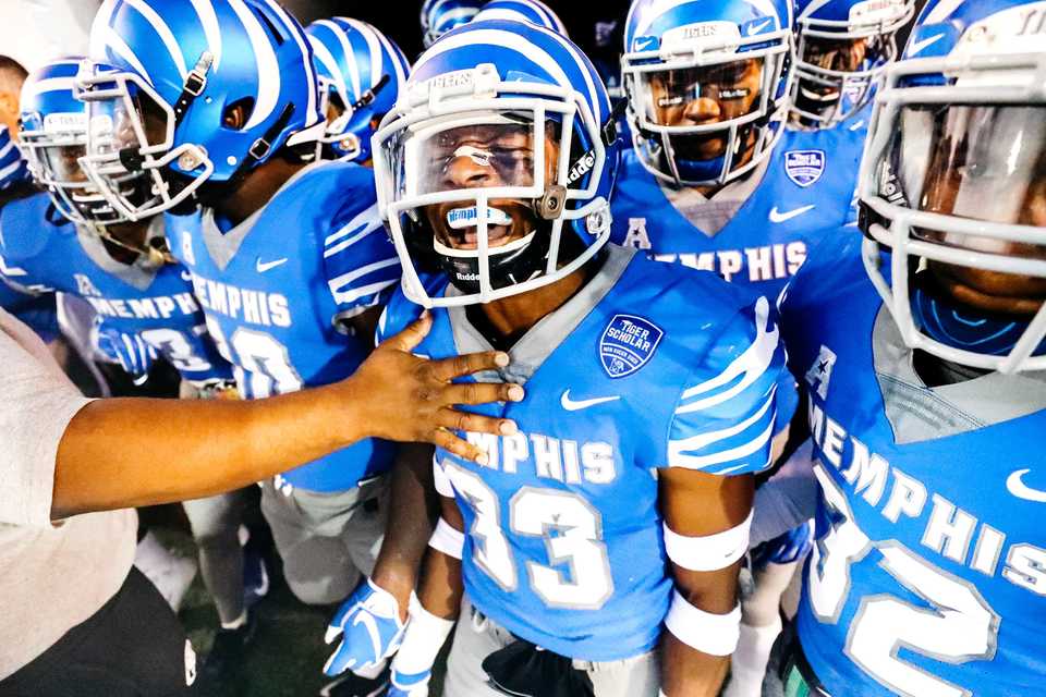 <strong>University of Memphis defensive back Tamaurice Smith shouts as the team prepares to run onto the field against South Alabama on Saturday, Sept. 22, 2018, at Liberty Bowl Memorial Stadium in Memphis.</strong> (Houston Cofield/Daily Memphian)