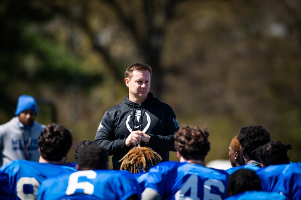 <strong>Memphis Tigers coach Ryan Silverfield talks to the team during a spring scrimmage on Saturday, March 20. &ldquo;It&rsquo;s been exciting; I think the guys have the right mindset. It&rsquo;s amazing, you get four practices in and you feel like you&rsquo;re so much further ahead than you were this time last year,&rdquo; he said.</strong> (Matthew Smith/Memphis Athletics)