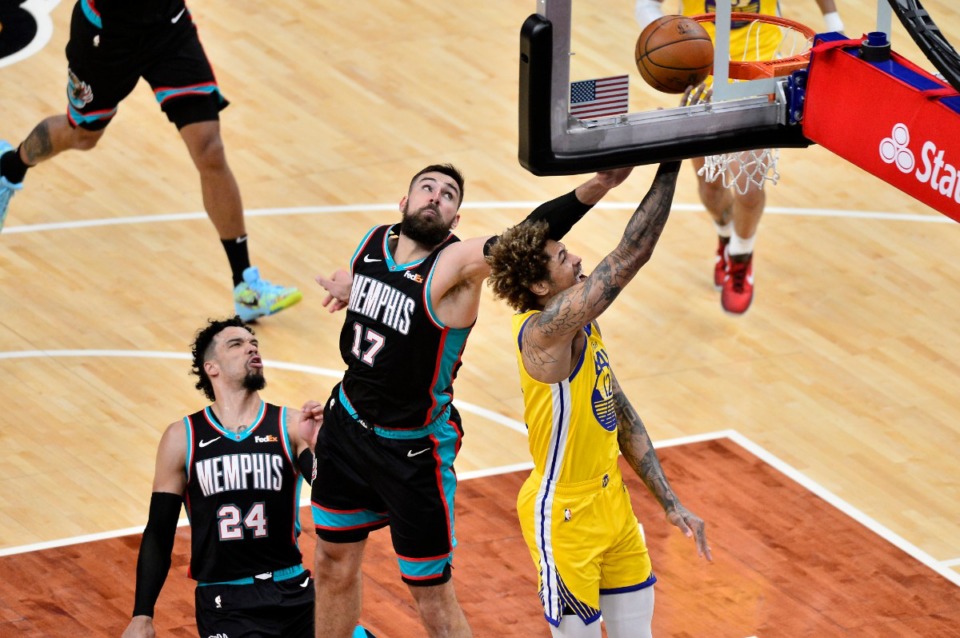 <strong>Memphis Grizzlies center Jonas Valanciunas (17) blocks a shot by Golden State Warriors guard Kelly Oubre Jr. (12)</strong>&nbsp;<strong>in the game&rsquo;s second half Saturday, March 20, at FedExForum.</strong>&nbsp;(Brandon Dill/Associated Press)