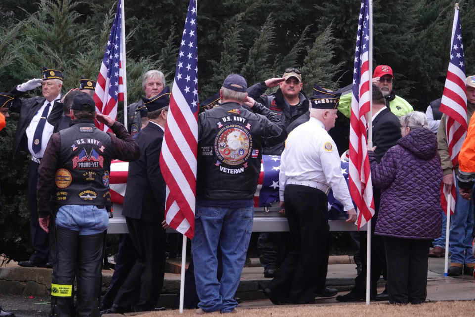 <strong>Hundreds attend a ceremony on Thursday, Jan. 17, 2019, to pay their respects to three Memphis veterans who died in the fall of 2018 but whose remains were unclaimed by next of kin. Wesley Russell, Arnold Klechka and Charles Fox were buried with honors at the West Tennessee Veterans Cemetery.</strong> (Karen Pulfer Focht/Special to The Daily Memphian)