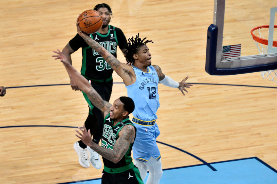<strong>Memphis Grizzlies Ja Morant (right) during action on Monday, Jan. 18, 2021.</strong> (Mark Weber/The Daily Memphian file)