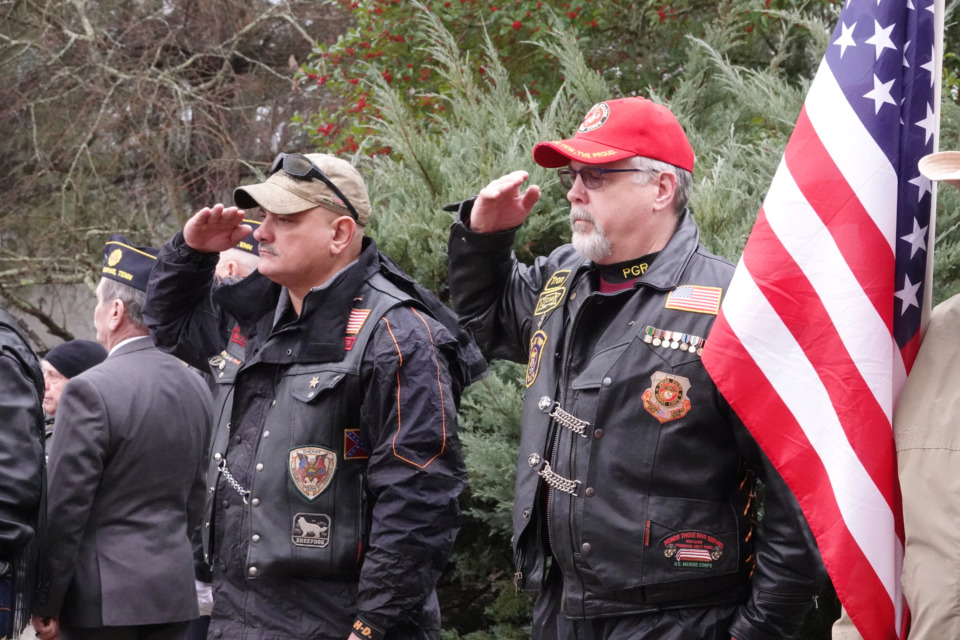 <strong>Hundreds attend a ceremony on Thursday, Jan. 17, 2019, to pay their respects to three Memphis veterans who died in the fall of 2018 but whose remains were unclaimed by next of kin. Wesley Russell, Arnold Klechka and Charles Fox were buried with honors at the West Tennessee Veterans Cemetery.</strong> (Karen Pulfer Focht/Special to The Daily Memphian)