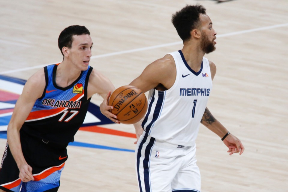 <strong>Grizzlies forward Kyle Anderson (1) looks the wrong way as Oklahoma City Thunder forward Aleksej Pokusevski (17) goes for the ball&nbsp;on March 24 in Oklahoma City.</strong> (Garett Fisbeck/AP)