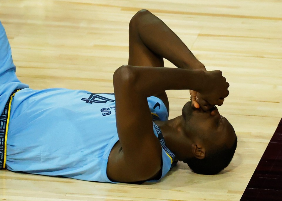 <strong>Memphis Grizzlies' Gorgui Dieng reacts after being charged with a foul against the Portland Trail Blazers during a game last August. Could he be a part of a trade deal? </strong>&nbsp;(Kevin C. Cox/Pool Photo via AP file)