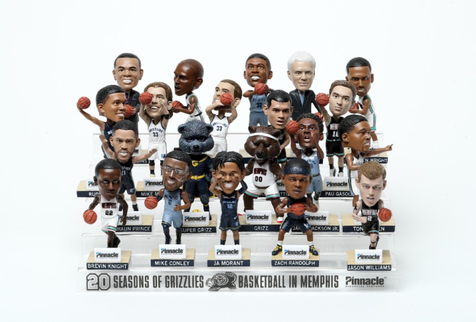 <strong>This 20-figure Memphis Grizzlies bobblehead set was originally intended as 20 different game-night giveaways during the team&rsquo;s 20th anniversary season in Memphis. COVID changes to the NBA schedule turned it, instead, into a renewal gift for season-ticket holders. </strong>(Courtesy Grizzlies)