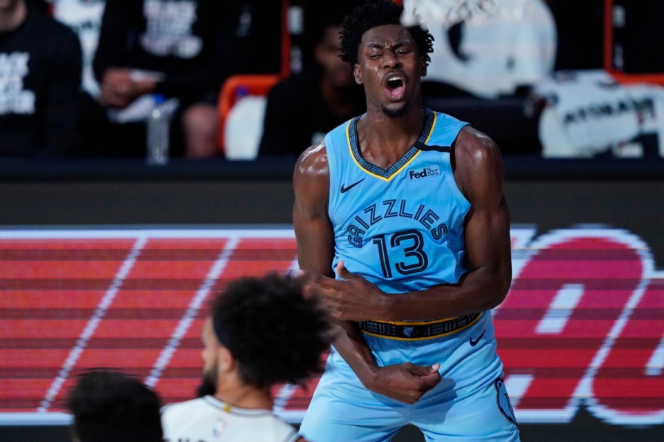 <strong>Memphis Grizzlies' Jaren Jackson Jr. (13) reacts after a play against the San Antonio Spurs during the second half of an NBA basketball game Sunday, Aug. 2, 2020, in Lake Buena Vista, Florida.</strong>(AP Photo/Ashley Landis, Pool)
