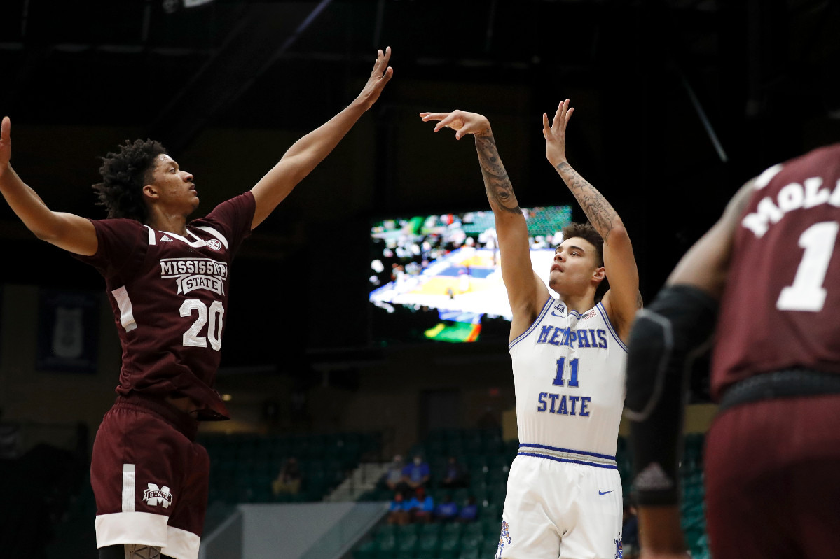 <strong>Memphis guard Lester Quinones shoots a jump shot against Mississippi State during Sunday&rsquo;s NIT championship game in Frisco, Texas.</strong> (Photo courtesy of the NCAA)