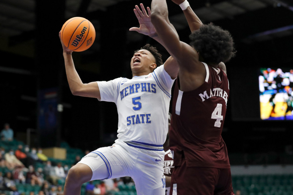 <strong>Memphis guard Boogie Ellis shoots a layup against Mississippi State during Sunday&rsquo;s NIT championship game in Frisco, Texas.</strong> <strong>The Tigers went on to a 77-64 victory over the Bulldogs.</strong>(Photo courtesy of the NCAA)