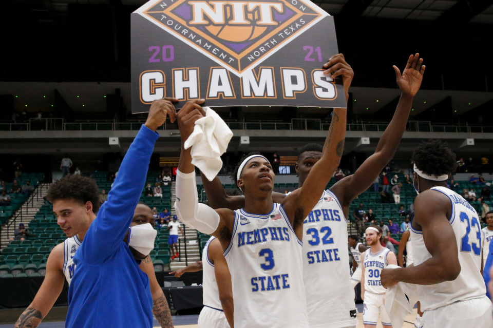 <strong>Landers Nolley II (3) and the Memphis Tigers celebrate winning the NIT championship after Memphis defeated Mississippi State, 77-64, Sunday, March 28, in Frisco, Texas.</strong> (Photo courtesy of the NCAA)