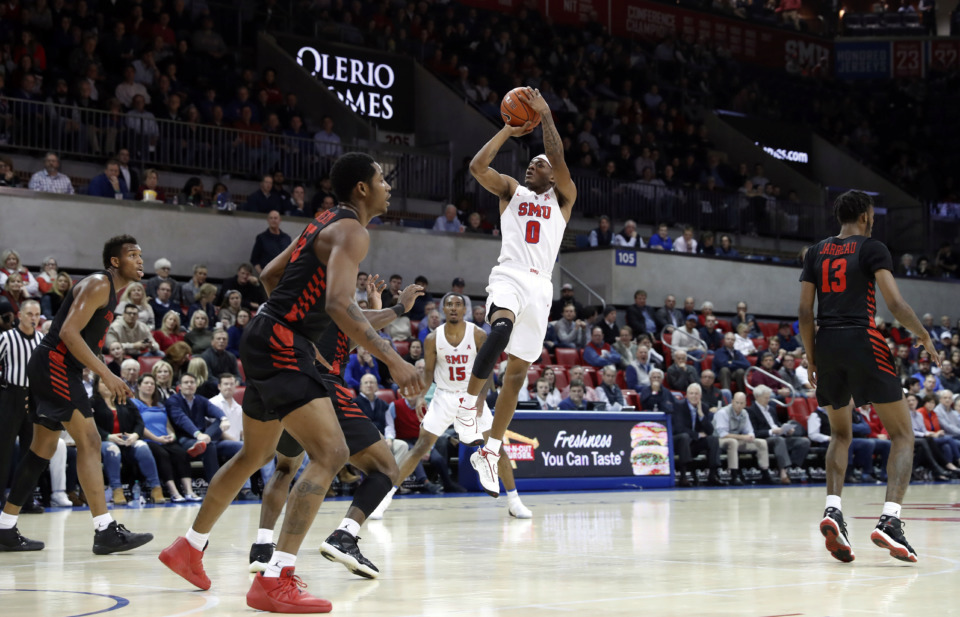 <span><strong>SMU guard Jahmal McMurray (0) launches a shot during the Mustangs 69-58 loss to Houston on Wednesday, Jan. 16, 2019. SMU faces Memphis at FedExForum on Saturday, Jan. 19.</strong> (AP Photo/Tony Gutierrez)</span>