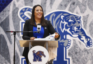 <strong>New University of Memphis women&rsquo;s basketball head coach Katrina Merriweather is introduced during a press conference on Tuesday, March 30, 2021 at the Elma Roane Fieldhouse.</strong> (Mark Weber/The Daily Memphian)