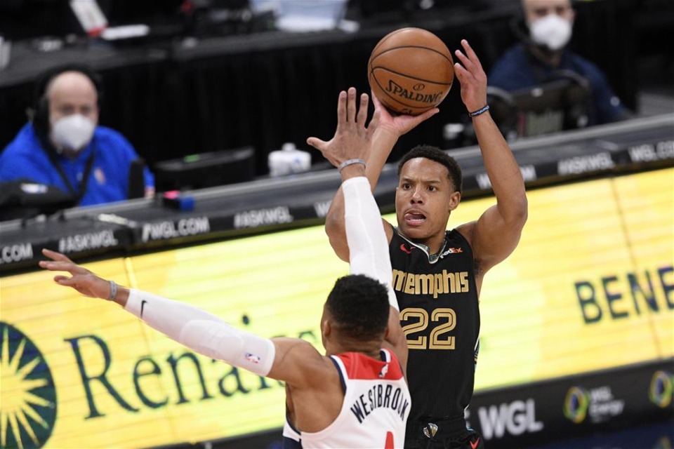 <strong>Memphis Grizzlies guard Desmond Bane (22) shoots against Washington Wizards guard Russell Westbrook (4) during the first half of an NBA basketball game, Tuesday, March 2, 2021, in Washington.</strong> (AP Photo/Nick Wass)