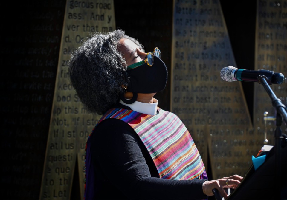 <strong>Rev. Rosalyn Nichols speaks during a MICAH prayer vigil on Friday, April 2,&nbsp; at "I Am A Man" Plaza. The social justice group cited the lack of transparency in the search for the next Memphis Police director.</strong> (Mark Weber/Daily Memphian)
