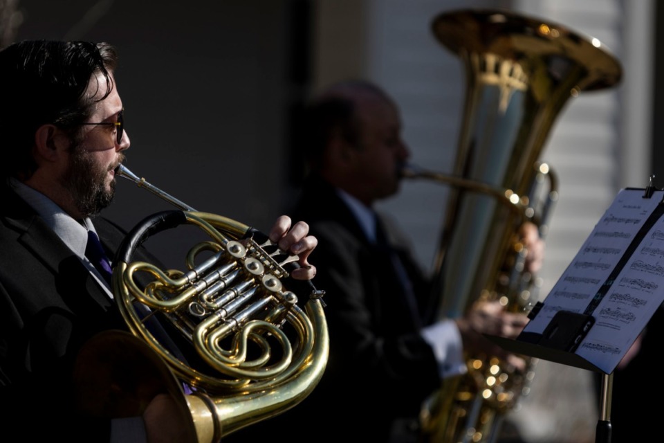 <strong>Dr. Robert Fant plays a French horn with a brass quintet during the St. George&rsquo;s Episcopal Church outdoor Easter service in Germantown.</strong> (Brad Vest/Special to The Daily Memphian)
