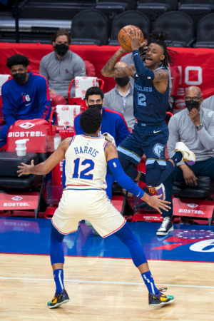 <strong>Memphis Grizzlies' Ja Morant shoots a 3-pointer with Philadelphia 76ers' Tobias Harris, left, defending during the first half of an NBA basketball game Sunday, April 4, 2021, in Philadelphia.</strong> (AP Photo/Chris Szagola)