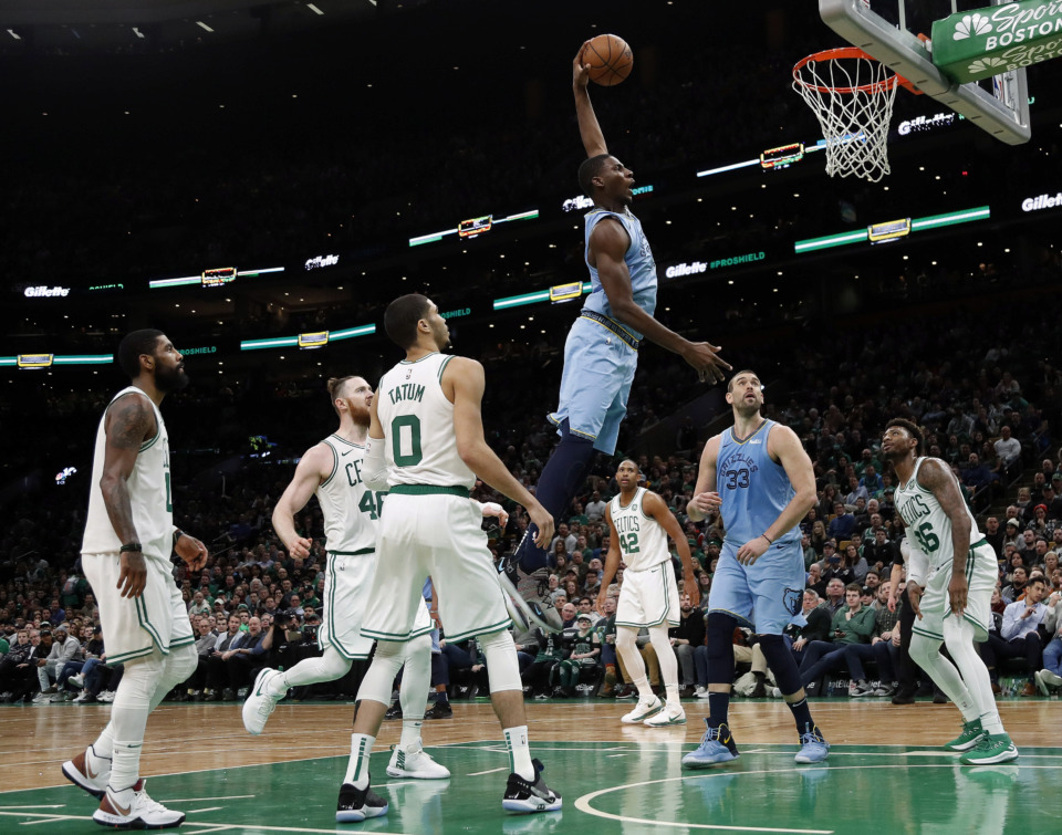 <span><strong>Memphis Grizzlies' Jaren Jackson Jr. goes past Boston Celtics' Jayson Tatum (0) and others for a dunk during the second half of Boston's 122-116 win in an NBA basketball game Friday, Jan. 18, 2019, in Boston.</strong> (AP Photo/Winslow Townson)</span>