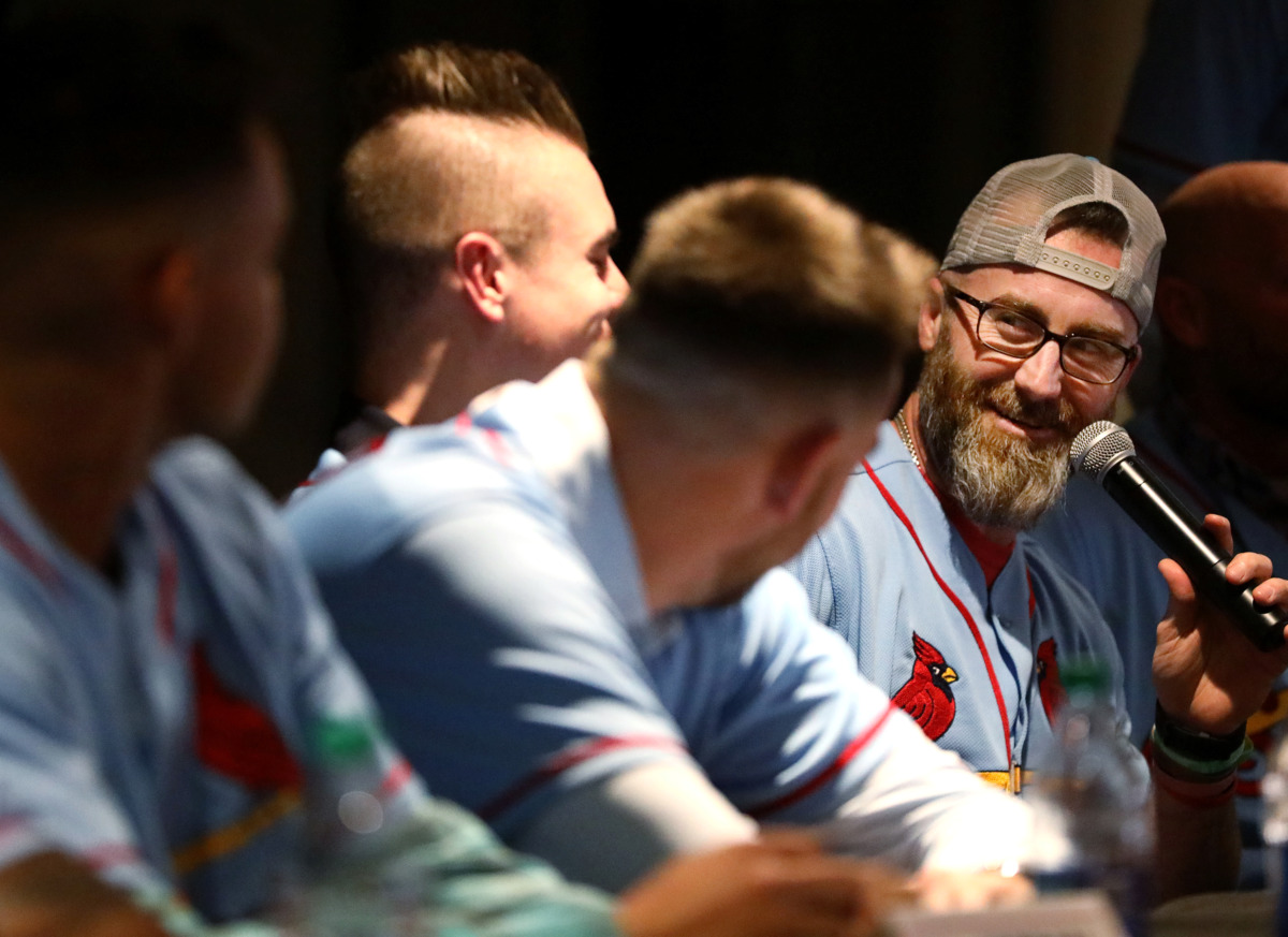 <strong>Jason Motte (right), former pitcher for the Memphis Redbirds, smirks at some teammates while answering a question from the audience at the Cardinals Caravan event in AutoZone Park Friday, Jan. 18, 2019.&nbsp;Earlier in the day, the Redbirds announced Memphis will host the 2019 Triple-A Championship and that Germantown native Ben Johnson will become the team's manager.</strong> (Houston Cofield/Daily Memphian)
