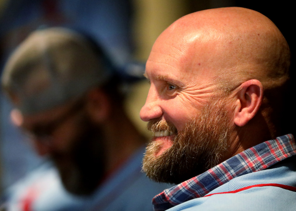 <strong>Richard Keith "Stubby" Clapp sits on a panel of St. Louis Cardinals players and coaches answering questions posed by fans during the Cardinals Caravan event in AutoZone Park on Friday, Jan. 18, 2019. Clapp, who led the Redbirds to their first Triple-A Championship last year, was promoted to first base coach for the Cardinals.</strong> (Houston Cofield/Daily Memphian)