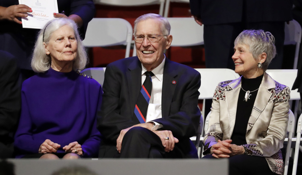 <strong>Former Tennessee Gov. Don Sundquist, center, sits with his wife, Martha, left, and Andrea Conte, right, wife of former Gov. Phil Bredesen, before the inauguration of Gov.-elect Bill Lee in War Memorial Auditorium Saturday, Jan. 19, 2019, in Nashville, Tenn.</strong> (AP Photo/Mark Humphrey)