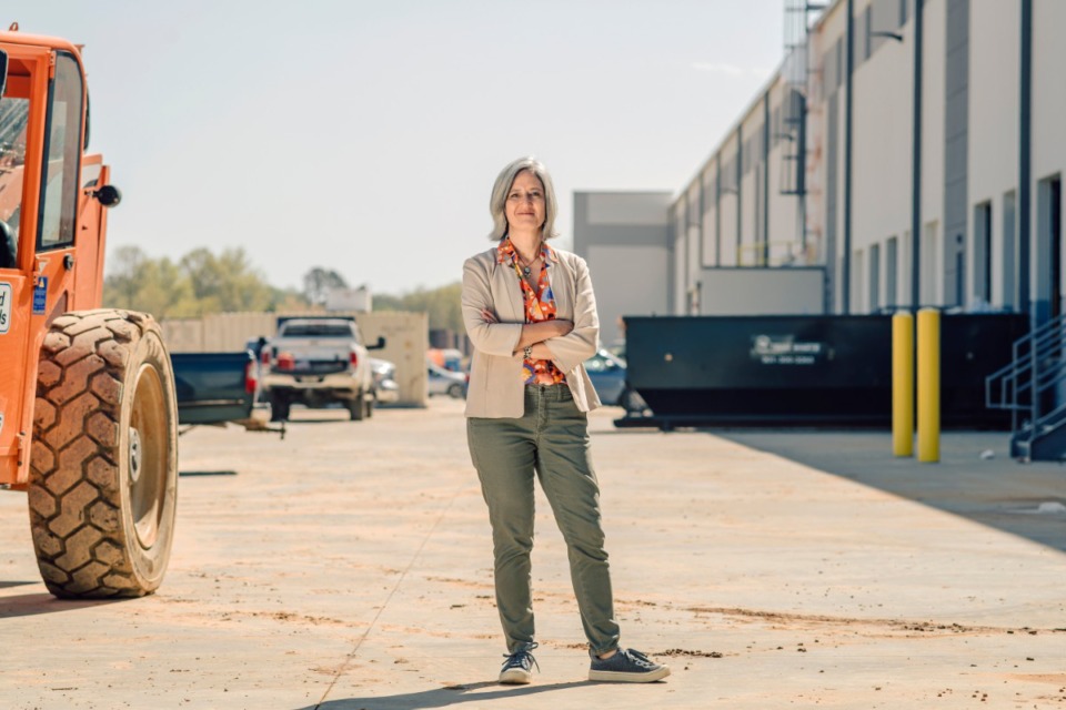 <strong>Laura Meanwell stands outside Memphis Global Crossing II, a new warehouse which will soon be home to one of her clients.</strong> (Houston Cofield/Special To The Daily Memphian)