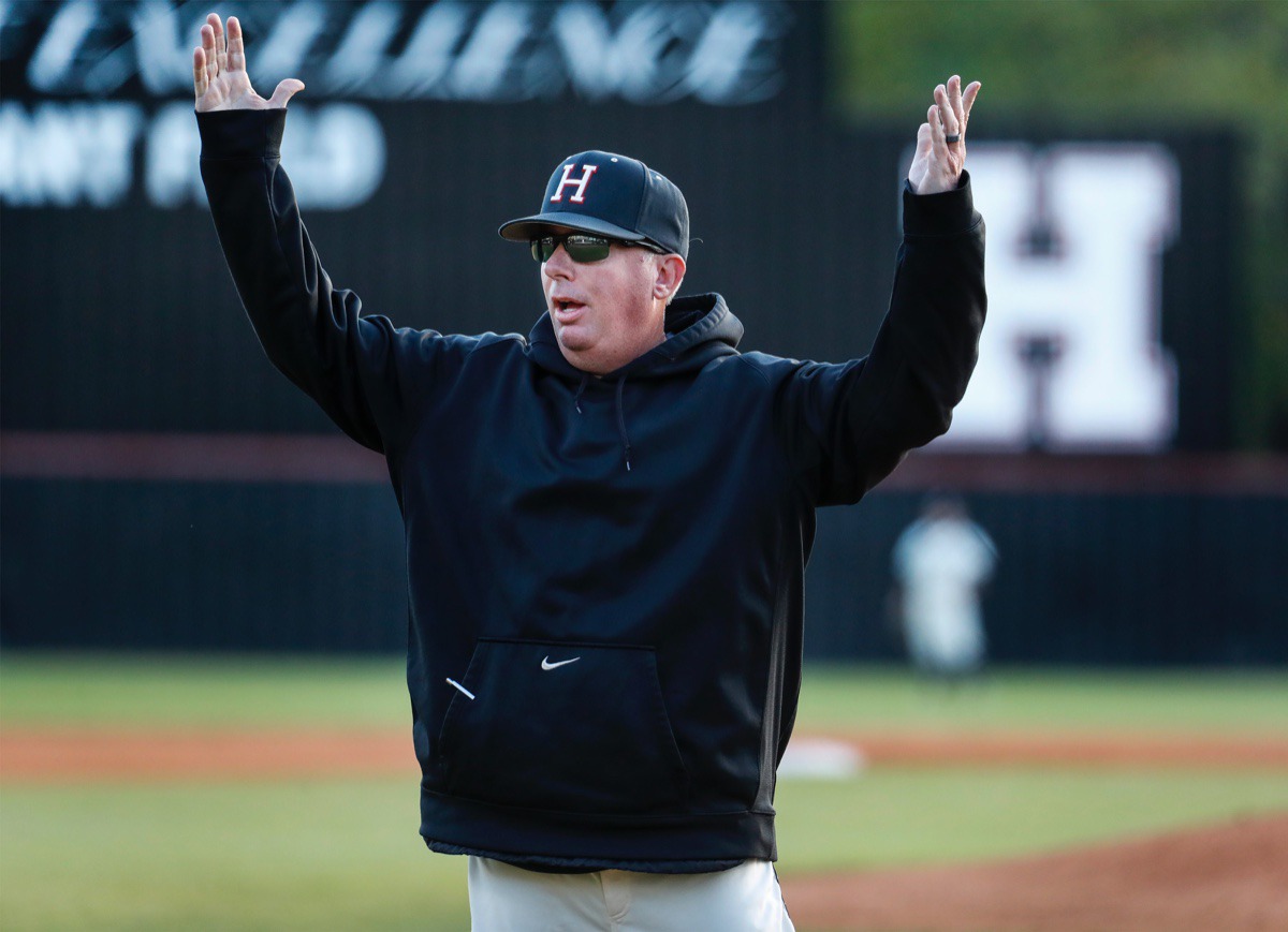 <strong>Houston head coach Lane McCarter reacts to an umpire&rsquo;s&nbsp;call in the game against Collierville on April 8.</strong> (Mark Weber/The Daily Memphian)