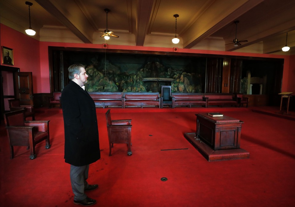 <strong>Past master Mason James McCraw explores a lodge room in the Masonic Lodge on Court Avenue. </strong>(Jim Weber/Daily Memphian file)