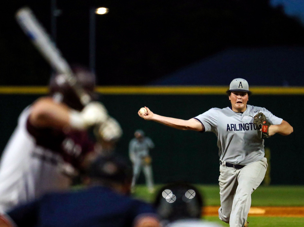 <strong>Arlington pitcher Aidan Ludwig (15) throws a pitch on April 13 in the game against Collierville.</strong> (Patrick Lantrip/Daily Memphian)
