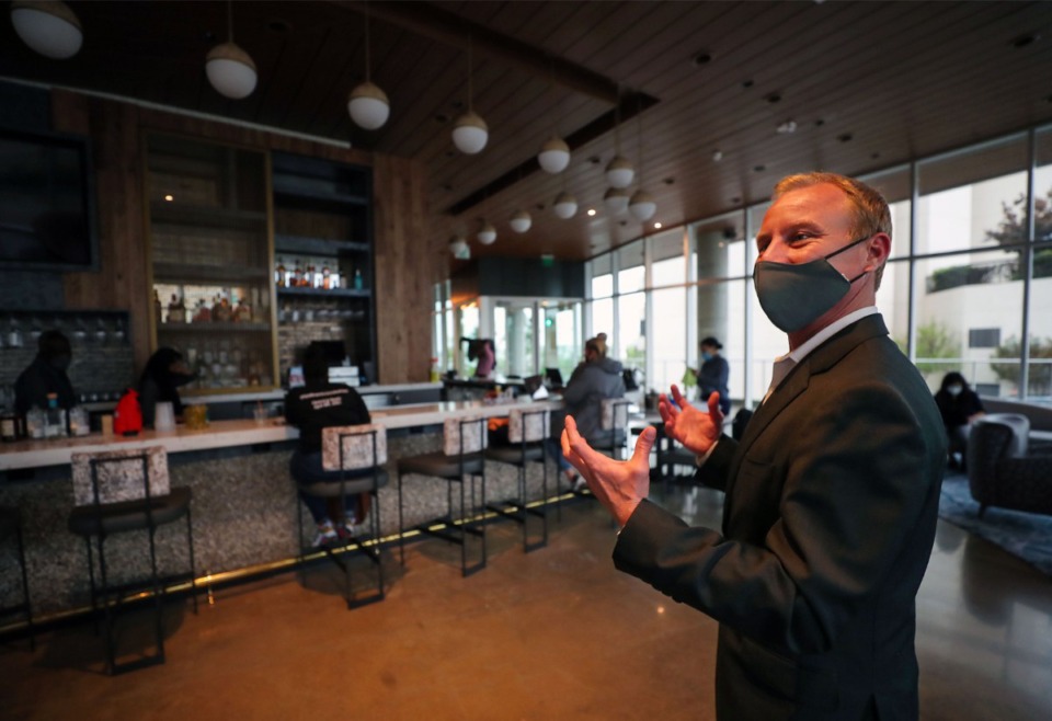 <strong>Nick Janysek, director of sales, marketing and events, givers a tour of the lobby bar at the new Hyatt Centric hotel on Beale Street April 14,2021.</strong> (Patrick Lantrip/Daily Memphian)