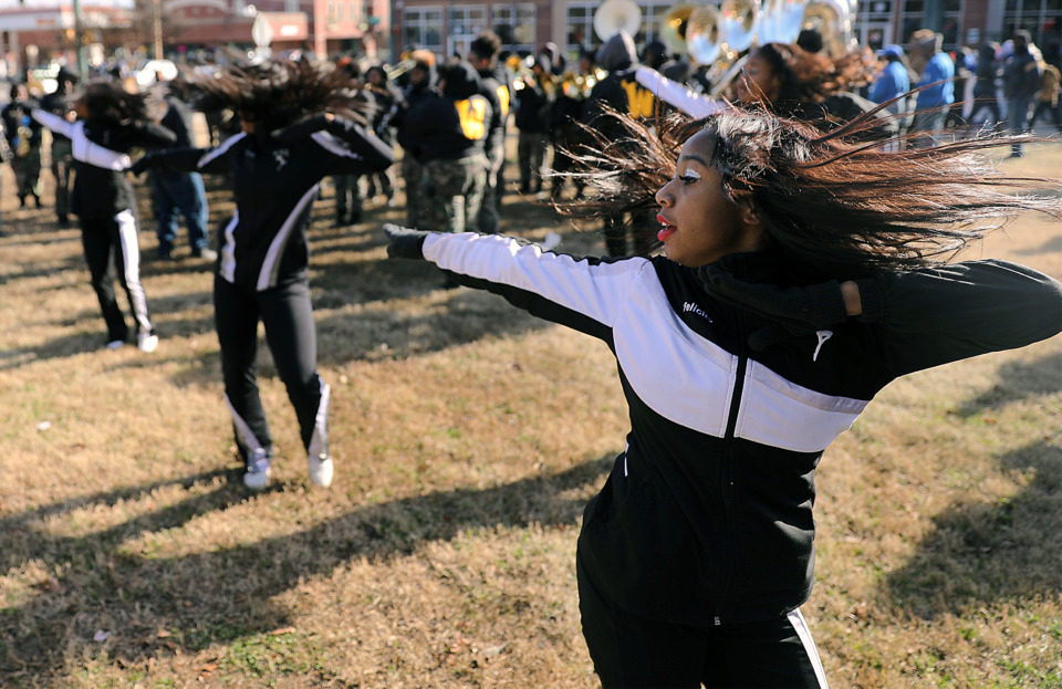 <strong>Felicity Gwinn and the Whitehaven High Marching Band head up the Martin Luther King Jr. Day parade in Downtown Memphis Monday, Jan. 21. The parade began in Auction Square and ended at the National Civil Rights Museum.</strong> (Patrick Lantrip/Daily Memphian)