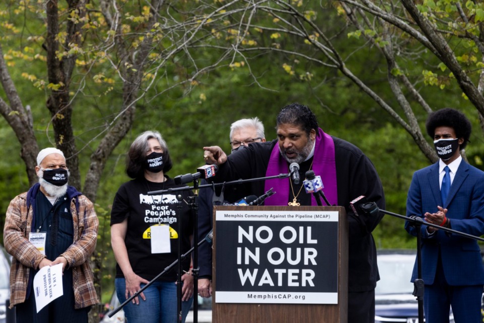 <strong>Rev. Dr. William Barber II, co-chair of the Poor People&rsquo;s Campaign, speaks during a rally supporting the Memphis Community Against the Pipeline at Alonzo Weaver Park.</strong> (Brad Vest/Special to The Daily Memphian)