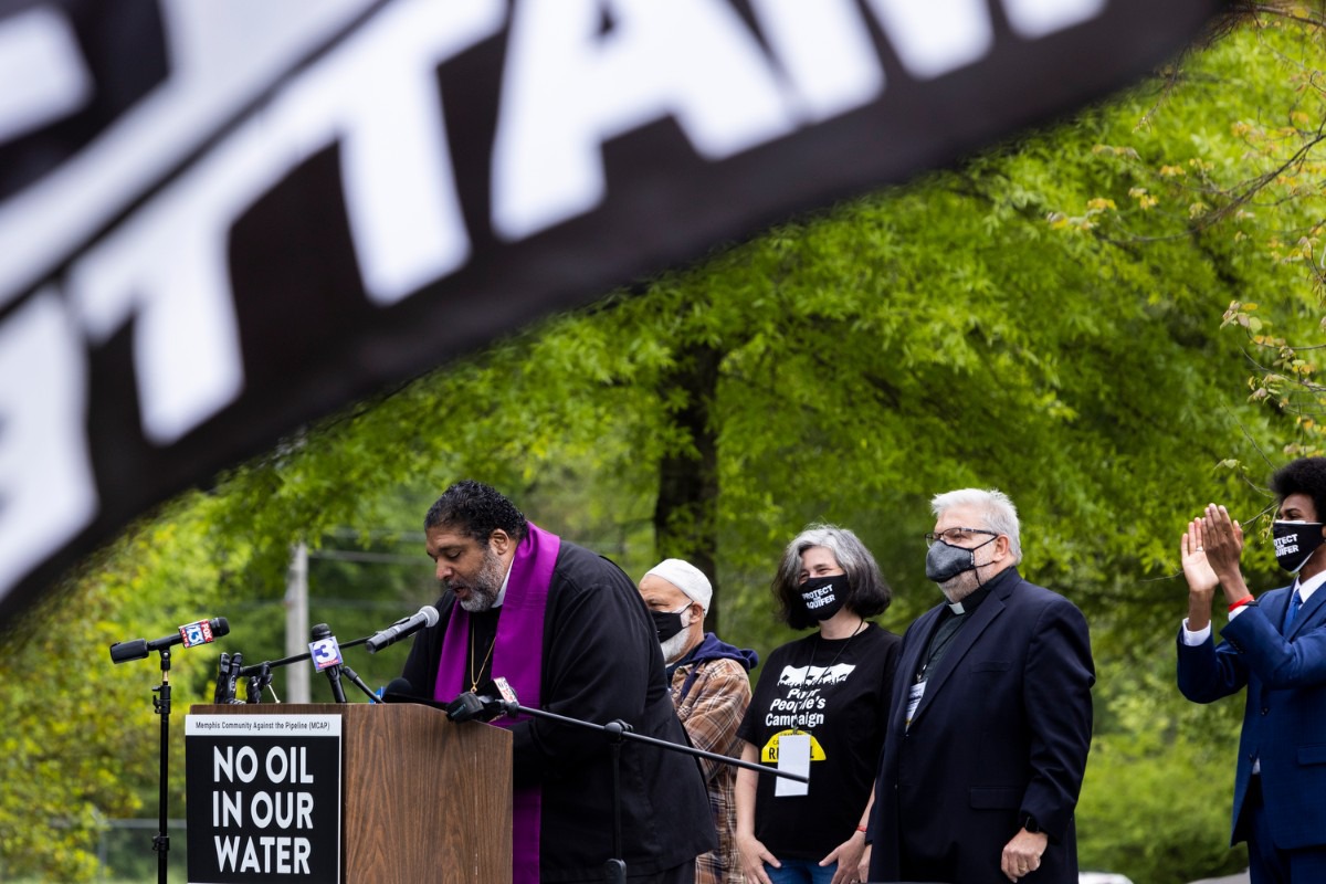 <strong>Rev. Dr. William Barber II, co-chair of the Poor People&rsquo;s Campaign, speaks during a rally supporting the Memphis Community Against the Pipeline at Alonzo Weaver Park.</strong> (Brad Vest/Special to The Daily Memphian)