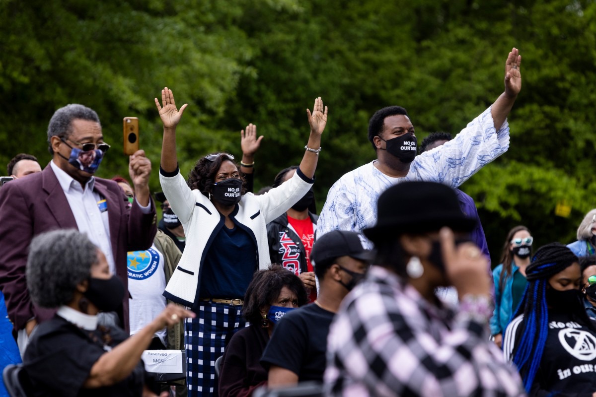 <strong>The audience reacts as Rev. Dr. William Barber II speaks during a rally supporting the Memphis Community Against the Pipeline at Alonzo Weaver Park.</strong> (Brad Vest/Special to The Daily Memphian)