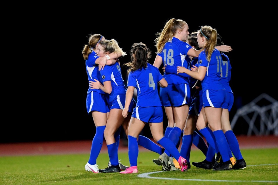 <strong>The University of Memphis women&rsquo;s soccer team celebrates a goal. They&rsquo;re heading for the NCAA tournament for the third straight year.&nbsp;</strong>