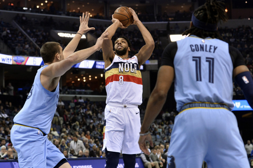 <span><strong>New Orleans Pelicans center Jahlil Okafor (8) shoots against Memphis Grizzlies center Marc Gasol, left, in the first half of an NBA basketball game Monday, Jan. 21, 2019, in Memphis, Tenn.</strong> (AP Photo/Brandon Dill)</span>
