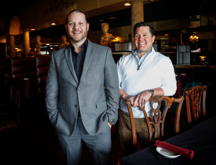 Villa Castrioti owners Aron Pullen (left) and Brian Leith stand in their restaurant on Thursday, April 15, 2021. The pair will be expanding soon, both at their current location and will open a second restaurant in The Lake District. (Mark Weber/Daily Memphian)