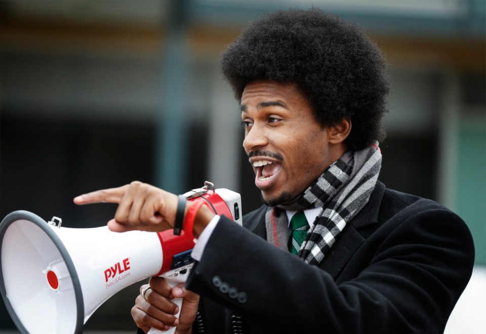 <strong>Justin Pearson speaks against the pipeline during a rally on Feb. 8 outside the National Civil Rights Museum.</strong> (Mark Weber/The Daily Memphian)