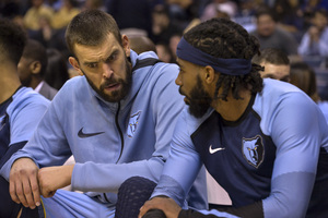 <span><strong>Memphis Grizzlies center Marc Gasol, left, and guard Mike Conley talk on the bench in the second half of an NBA basketball game against the Atlanta Hawks Friday, Oct. 19, 2018, in Memphis, Tenn.</strong> (AP Photo/Brandon Dill)</span>