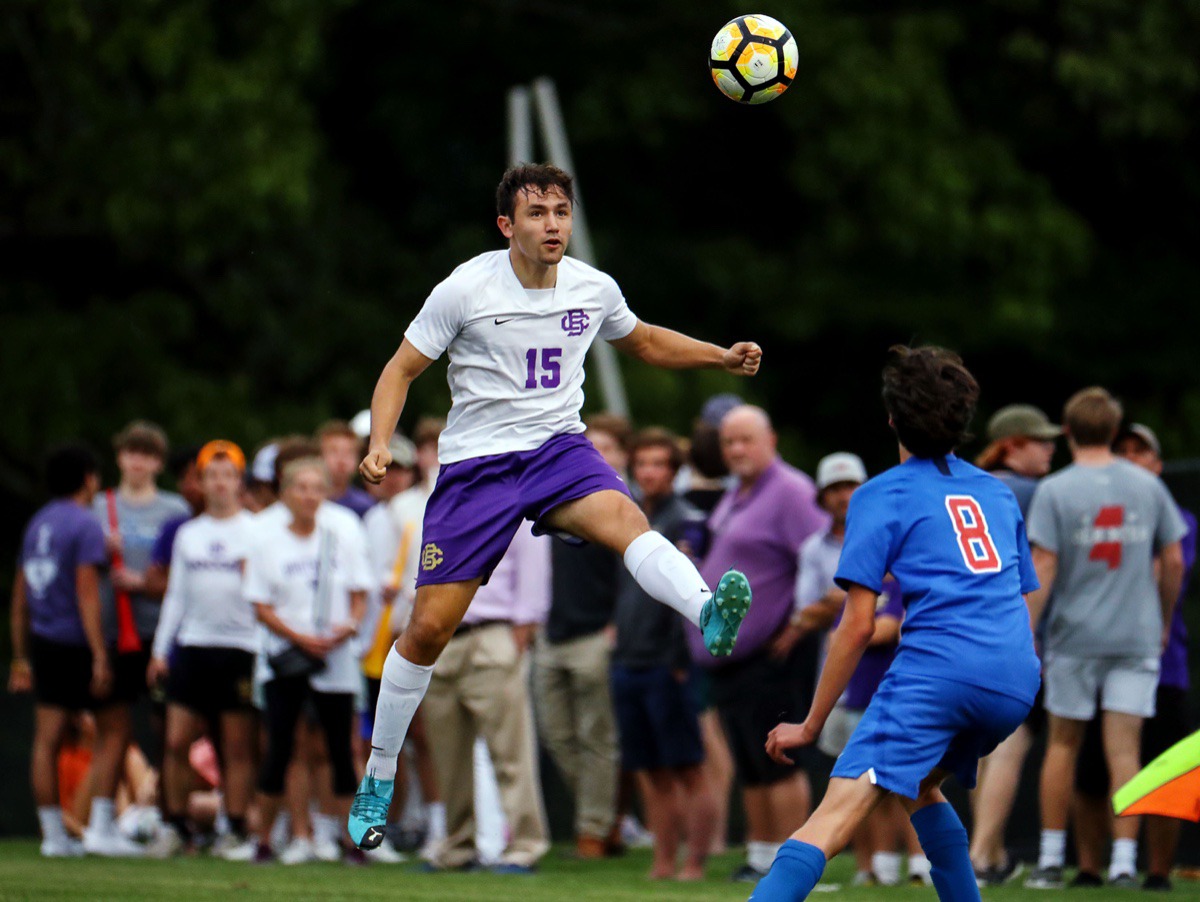 <strong>CBHS' Martin Wieckowski (15) lines up a header during the April 27 game against MUS.</strong> (Patrick Lantrip/Daily Memphian)