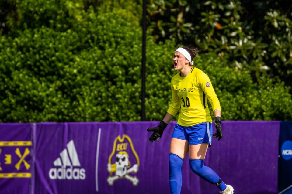 <strong>Memphis goalkeeper Elizabeth Moberg (00) shouts to her teammates on April 28, 2021. The University of Memphis Tigers women&rsquo;s soccer team, playing in their third straight NCAA Tournament, lost to Utah Valley, 1-0.</strong> (East Carolina Athletics/Houston McCullough)