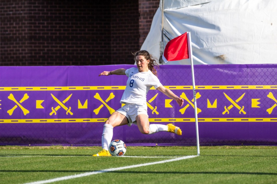 <strong>University of Memphis player Lisa Pechersky (8) kicks the ball on April 28 in the game against Utah Valley.</strong> (East Carolina Athletics/Houston McCullough)