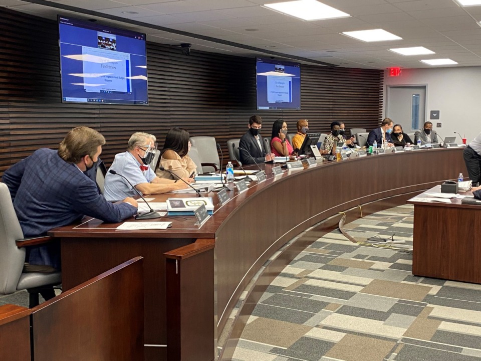 <strong>City Council members met in person at City Hall Monday, May 3, for the first time since mid-March 2020. Quarters were tight in the council&rsquo;s fifth-floor committee room and masks were the rule.</strong> (Daily Memphian/Bill Dries)