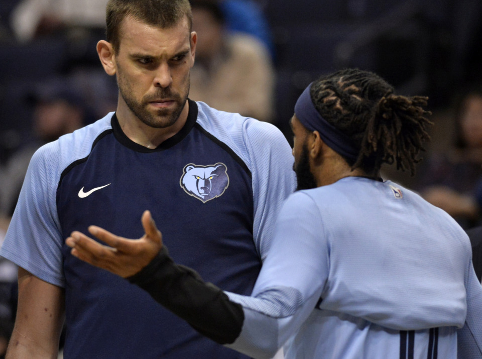<span><strong>Memphis Grizzlies center Marc Gasol, left, talks with guard Mike Conley in the first half of an NBA basketball game against the Milwaukee Bucks Wednesday, Jan. 16, 2019, in Memphis, Tenn.</strong> (AP Photo/Brandon Dill)</span>