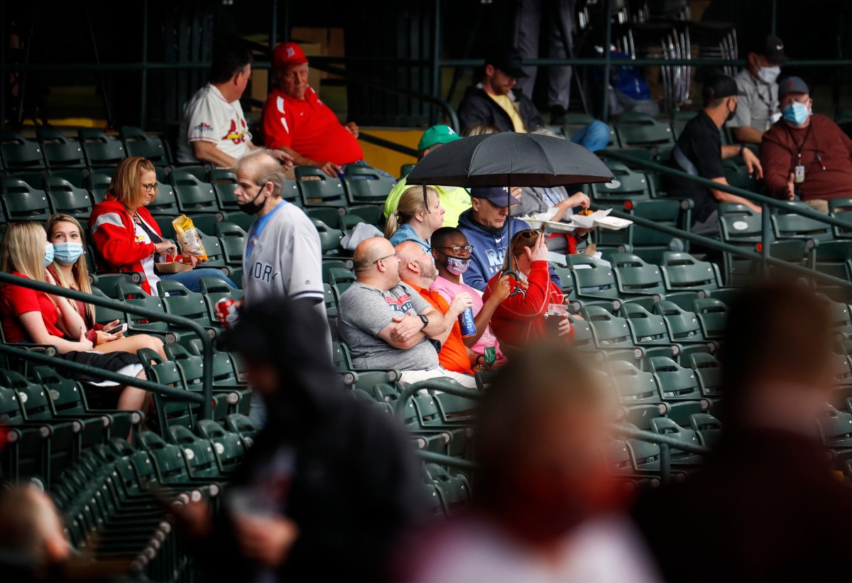 <strong>Redbirds fans wait out the rain delay before Memphis takes on the Durham Bulls on Tuesday, May 4, 2021.</strong> (Mark Weber/The Daily Memphian)